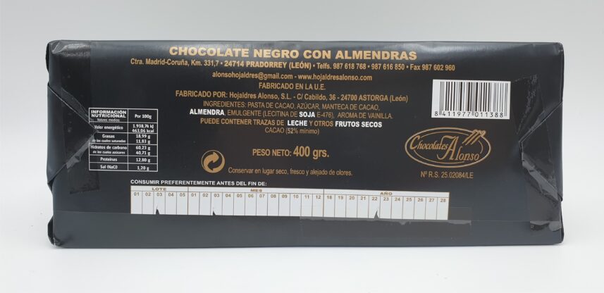 Chocolate Negro Con Almendras 400 grs. - Imagen 2